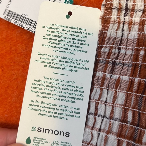 Check brown and white smocked puff sleeve square neck peasant dress NWT - Picture 11 of 14